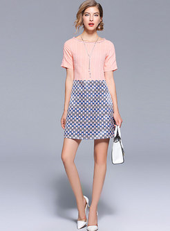 Pink Color-blocked Short Sleeve A Line Dress